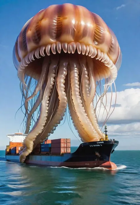giant jellyfish monster attacks shipping barge