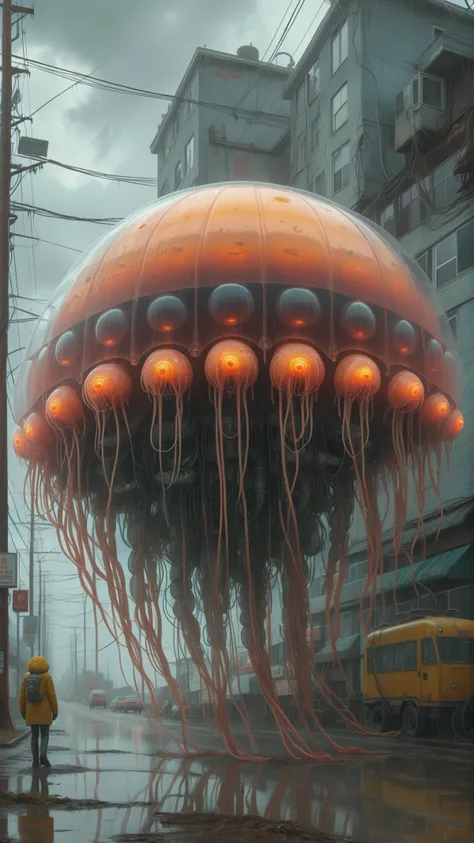 style of Simon Stalenhag,ASCII,<lora:Simon Stalenhag:1>,sci-fi,moody lighting,depth_of_field,multiple giant lion's mane mechanical jellyfish float in the sky,transparent visible mechanical structures,<lora:Dystopia:0.6>,there is water accumulation on the bumpy road surface,reflection reflection,a gloomy and foggy environment,hyper realistic octane render,foggy,glowing neon lights,cumulonimbus,sunset,rainy days,dripping,lighting,in winter,water vapor,medium_shot,foreshortening,photography,Hyperrealistic art RAW analog photo,(Extremely high-resolution details, photographic, realism pushed to extreme, fine texture,incredibly absurdres,absurdres,masterpiece,Extremely high-resolution details,realism pushed to extreme,fine texture),
