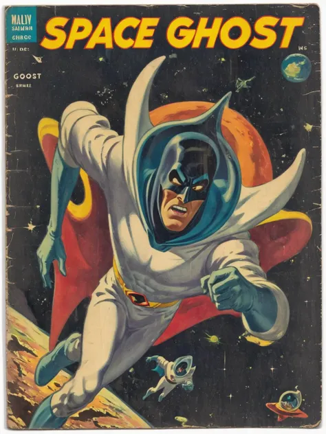 1950s vintage scifi comic book cover of space ghost <lora:Wiz-VintageComicBookCover_v01:1>,
(title says "SPACE GHOST" text logo:1.5)