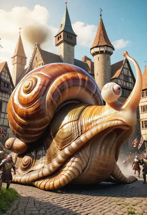 giant snail monsters attacking medieval city