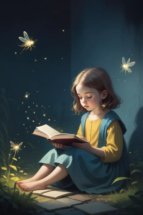 sleepy little girl praying reading book under fireflies fairies, facing viewer, 2d, pop art , (((wall graffiti))) , <DigitalArtist_Andreas_Rocha:0.4> painted by andreas rocha <lora:SDXLSamDoesArts:0.1> <lora:JohannesVermeerXL_v1:0.35> vermeer <lora:Anna_Dittmann_Style_XL:0.25> anna dittmann style