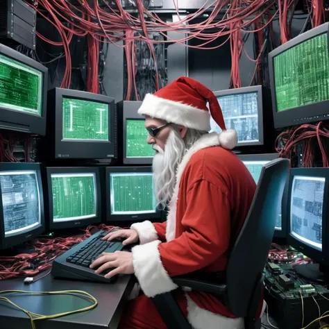 large and imposing computer wearing a santa hat, surrounded by tiny elf computers, all tied together with power and wires, electrical arcs, displaying the matrix on their screens, futuristic, post apocalyptic, dystopian
