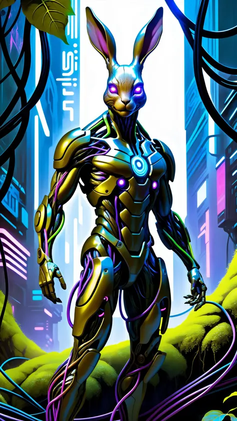 ethereal fantasy concept art of cyberpunk Groot, dynamic pose, hi-tech cybernetic suit, muscular, intertwined vines growing out of the ground, branches, deep shadows, vibrant, crisp, sleek, ultramodern, cinematic, ultra detailed, professional, cyberpunk theme, (electric violet accents:0.8), magnificent, celestial, ethereal, painterly, epic, majestic, magical, fantasy art, cover art, dreamy, Cyborg hare, high detailed face, beautiful body, glowing hair, looking at the camera, breeze, neon strings, chaotic wiring/cables, scifi, futuristic, highly detailed, cinematic, cyberpunk, highly detailed and intricate, rich deep colors. sf, raphael, caravaggio, greg rutkowski, beeple, beksinski, giger