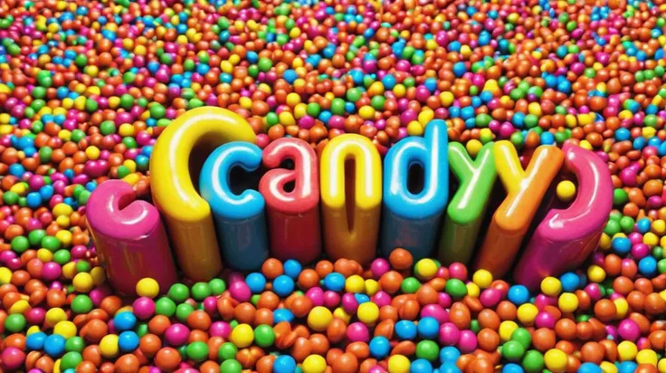 <lora:Harrlogos_v2.0:1> ("Candy":1.4), (text logo:1.1) Bright rainbow lettering, dripping like caramel, neon colors, glittering rainbows, in the cosmos, boxes of every color spilling candy
