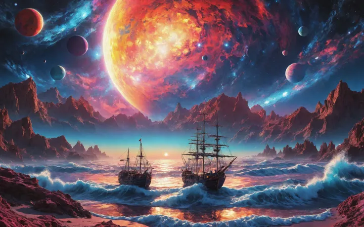 {"prompt": "[Hallucinations From Space]Hallucinations from space follow mysterious immortal sunrise, A mind expanding void burns in front of our drugged-up eyes. Seductive tears reach our soul lost in magnificent tripping breeze,We visualize shining sacred gold above moonlit shadows that we see. Visions of far out picture like red hot Neptune drift, Meditating midnight voyage on our spaced out magic ship. We see kaleidoscopic blue, In the vast emptiness we travel through. Stunning dreams experience twisting energy, Sunrise waters undress our spellbound fantasies. Exposed moonlight soothes orgasmic love, Illuminates the beauties from the heavens above. Our thoughts making us disappear, Disrobe the everlasting sacred sounds that we hear. Captivated by the scenes that we cannot describe, The colors that we observe from our tripping eyes, Images of unreal scorching sun running towards vivid stardust shapes, Covered planets bathed inside distorted hallucinations from space. Soft vibrant Lens, Ultra High Definition 8K, Detailed and Intricate, vivid colors, Beautiful Lighting, Clean & clear,Photo realistic, photo-realism", "negative_prompt": "bad quality, bad anatomy, worst quality, low quality, low resolution,", "seed": 3678725562, "use_stable_diffusion_model": "sdxlMergeheaven_betaM15", "clip_skip": true, "use_controlnet_model": null, "use_vae_model": "", "sampler_name": "dpmpp_2m", "width": 2048, "height": 1280, "num_inference_steps": 30, "guidance_scale": 7.0, "use_lora_model": null, "use_embeddings_model": null, "tiling": null, "use_face_correction": null, "use_upscale": null}