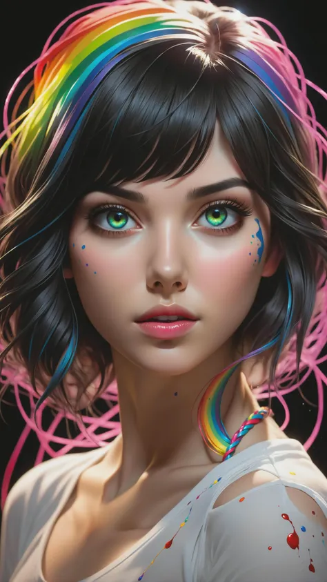 masterpiece, photorealistic, ultra realistic, best quality, ultra high res, extremely detailed, (psychedelic art:1.4), woman, veil, visually stunning, beautiful, award-winning illustration, cosmic space background, ethereal atmosphere, ultra quality, beautiful girl, cosmical concept, rainbow strings, rainbow skin, rainbow bloody veins growing and intertwining out of the darkness, nailed wire, oozing thick blue blood, sharp neon, veins growing and pumping blood, vascular networks growing, green veins everywhere, yin and yang, glowing space, glowing stars, infinity symbol, cinematic photo crazy insane, high energy, magic, hyper realistic, detailed and realistic portrait of a woman, round eyes and short messy hair shot outside, wearing a white t shirt, skin texture, chapped lips, soft natural lighting, portrait photography, 85mm lens, magical photography, dramatic lighting, photo realism, ultra-detailed, intimate portrait composition, (open mouth), smiling, athletic small waist, (((masterpiece))) ((best quality)), ((21st century)), (((8k photography)), ((hands on face)), (elegant, beauty), ((blushed)), ((beautiful light gray eyes)), ((pure delicate innocent face)) and (smooth detailed face), (((hyper realistic))), ((black hair))) (blunt bangs), (symmetrical legs), symmetrical perfect body, sharp focus, A hauntingly beautiful portrait of a young girl with a large wound her on cheek with stitches, 22 years old, her delicate features are framed by a tangle of intricately braided pink hair, drawing the viewer into her captivating gaze, wearing black, she seems to melt into the shadows that surround her, there's a certain luminosity about her - almost as if she were lit from within, subtle yet vibrant colors creates an ethereal atmosphere that's both mesmerizing and unsettling, Every aspect of this portrait - from the meticulous attention to detail on her clothing and accessories to the dramatic lighting effects - speaks volumes about her unique personality and style preferences, portrait perfectly captures the essence of modern goth culture, showcasing its blend of elegance, mystery, and macabre sensibilities, style of Anato Finnstark, (volumetric lighting), intricate details, rainbow paint, a girl made entirely out of rainbow paint, entirely paint, 1girl, all rainbow paint, hdr, (intricate details, hyperdetailed:1.15), gorgeous lighting, rainbow, paint splatter, splashes, very rainbow, very colorful, neon, paint drops, rainbow paint background, colorful background, ((high detailed skin, dslr, soft lighting, high quality, film grain, Fujifilm XT3, HD, Sharp)), (canon 50mm) intricate details photorealistic, 35mm photograph, film, bokeh, professional, 4k, highly detailed, A glitched-out (anime girl:1.3) dances across the screen, her movements and form constantly shifting and (deconstructing:1.2), embodying the dynamic essence of (breakcore:1.2), dynamic essence:1.1, breakcore:1.1