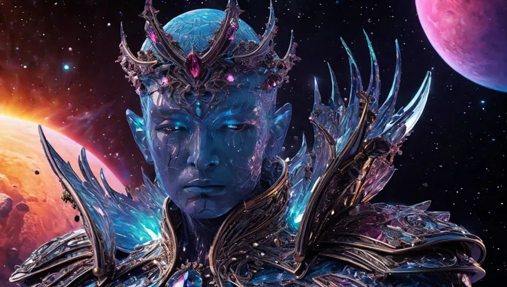 Space-themed Gothic style 4k,highly detailed intricate masterpiece,(a Transparent crystal statue:1.3),(of a crying man:1.4),desperately trying to keep his head above water in an ocean,(colorful shining lights shining through from above the clear material:1.3),everything before a dark black background.,<lora:add-detail-xl:6>,. Dark,mysterious,haunting,dramatic,ornate,detailed . Cosmic, celestial, stars, galaxies, nebulas, planets, science fiction, highly detailed