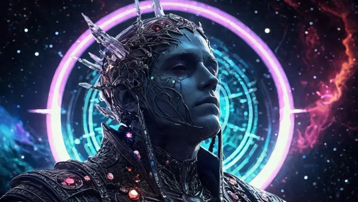 Space-themed Gothic style 4k,highly detailed intricate masterpiece,(a Transparent crystal statue:1.3),(of a crying man:1.4),desperately trying to keep his head above water in an ocean,(colorful shining lights shining through from above the clear material:1.3),everything before a dark black background.,<lora:add-detail-xl:6>,. Dark,mysterious,haunting,dramatic,ornate,detailed . Cosmic, celestial, stars, galaxies, nebulas, planets, science fiction, highly detailed