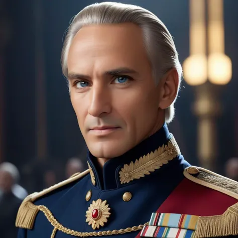 cinematic photo A portrait of the Emperor of the Beitonian Empire: A 55-year-old man with an oval face featuring prominent cheekbones, a high and broad forehead, thick white eyebrows, and piercing bright blue eyes that exude confidence, kindness, and wisdom. His nose is straight with a slight bump, and his full, well-defined lips often display a gentle, kind smile. He has a strong, determined chin with a small dimple. His hair is white, thick, slightly wavy, and neatly styled to just below his ears. His skin is healthy and slightly tanned. There are fine lines around his eyes and mouth, indicating his years of experience and wisdom. He sports a neatly trimmed white beard, adding to his appearance of a wise and just ruler. He is tall (186 cm) with a well-developed, sinewy, and athletic build. His shoulders are broad, his chest muscular yet not overly so, his arms long, strong, and sinewy with pronounced veins and firm hands. His waist is moderately narrow, with a taut, muscular abdomen, and his legs are long, strong, and muscular with well-defined calf muscles. He exudes charisma and confidence, embodying a healthy, strong, and wise ruler capable of leading his empire to prosperity and justice. Photorealistic, ultra-detailed, high-octane sci-fi style.
(Emperor of the Beiton Empire, mixed style: a combination of military and civilian clothing, elements of the Tsarist Russian military uniform with futuristic details, dark blue uniform with gold buttons, epaulettes on the shoulders, soft collar with gold accents, comfortable trousers with stripes, black leather boots, high-tech belt with functional gadgets, leather gloves with control interfaces, stylish and practical, science fiction, ultra detailed, realistic, high octane style, 4k, sharp focus, intricate details) . 35mm photograph, film, bokeh, professional, 4k, highly detailed