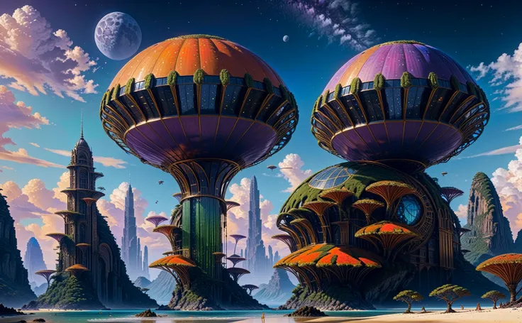 Concept art Beautiful alien world, (wide shot), ((seen from a distance)), sunset, ((crystals jutting high overhead from the ground sparkle from the sunshine while refracting beams of light into the sky:1.3)). An ((ancient city:1.5)) of an advanced alien species, gleaming of gold and silver with giant crystalline structures. The cities, thousands of years old, (((are as new looking and functional as the day they were built))), totally automated they keep the city and themselves in perfect working order left abandoned by an ancient race far more advanced than ours. Ancient trees tower near the city, young when the aliens were here, have grown as tall as some skyscrapers, their roots hang from the branches, once reaching ground spread out away from the tree. The roots, when far from the tree, send up shoots with seed pods when mature explode sending the seeds high into the air to float away and start new life over again. Vines growing on the trees glisten as though wet, have brightly colored flowers. The place is alive with plants that are fractal shapes, plants with curling shoots reaching for the sky, plants that resemble ferns, plants that glow. Orange, purple, green, blue, vibrant colors. Sifi, science fantasy, future worlds,
Masterpiece, best quality, high-res, extremely clear 8k wallpaper, setting sun. HDR lighting, dramatic cinematic composition, UHD resolution, realistic texturing, advanced rendering techniques, and meticulous post-processing.
Misc digital artwork, painterly, matte painting, highly detailed.
<lora:sdxl_photorealistic_slider_v1:1.6> <lora:add-detail-xl:1.61>, <lora:xl_real_beta1:0.84>