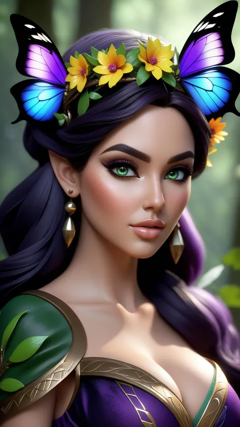 1girl, cowboy shot of beautiful elf druid, athletic, colored skin, purple skin, white eyes, black hair, green dress, flower crown, dark fantasy, dark atmosphere, forest, night, moon, glowing butterflies, volumetric lighting, best quality, masterpiece, intricate details, tonemapping, sharp focus, very detailed, trending on Artstation, realistic, (intricate details, hyperdetailed:1.15), (perfect hourglass figure), (desirable:1.1), (photorealistic face:1.2), (beautiful background:1.3), (curvy:1.2), (high detailed skin:1.2), dslr, (16k, RAW photo, best quality, masterpiece:1.2), (realistic, photo-realistic:1.37), hairstyle , realistic eyes, 3d model, doll, lips, makeup, dramatic, perfecteyes eyes, perfect eyes, perfect hands, perfect fingers, beautiful hands, detailed fingers, smooth skin, insanely detailed, micro detailed, macro detailed, maximum details, voluptuous, proportional eyes, firm breasts, firm cleavage, round breasts, round cleavage