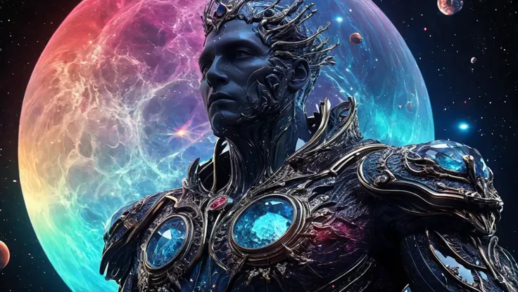 Space-themed Gothic style 4k,highly detailed intricate masterpiece,(a Transparent crystal statue:1.3),(of a crying man:1.4),desperately trying to keep his head above water in an ocean,(colorful shining lights shining through from above the clear material:1.3),everything before a dark black background.,<lora:add-detail-xl:6>,. Dark,mysterious,haunting,dramatic,ornate,detailed . Cosmic, celestial, stars, galaxies, nebulas, planets, science fiction, highly detailed
