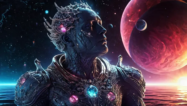 Space-themed Gothic style 4k,highly detailed intricate masterpiece,(a Transparent crystal statue:1.3),(of a crying man:1.4),desperately trying to keep his head above water in an ocean,(colorful shining lights shining through from above the clear material:1.3),everything before a dark black background.,<lora:add-detail-xl:6>,. Dark,mysterious,haunting,dramatic,ornate,detailed . Cosmic, celestial, stars, galaxies, nebulas, planets, science fiction, highly detailed
