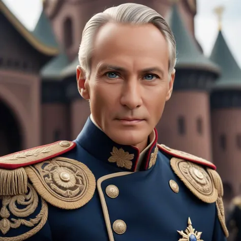cinematic photo A portrait of the Emperor of the Beitonian Empire: A 55-year-old man with an oval face featuring prominent cheekbones, a high and broad forehead, thick white eyebrows, and piercing bright blue eyes that exude confidence, kindness, and wisdom. His nose is straight with a slight bump, and his full, well-defined lips often display a gentle, kind smile. He has a strong, determined chin with a small dimple. His hair is white, thick, slightly wavy, and neatly styled to just below his ears. His skin is healthy and slightly tanned. There are fine lines around his eyes and mouth, indicating his years of experience and wisdom. He sports a neatly trimmed white beard, adding to his appearance of a wise and just ruler. He is tall (186 cm) with a well-developed, sinewy, and athletic build. His shoulders are broad, his chest muscular yet not overly so, his arms long, strong, and sinewy with pronounced veins and firm hands. His waist is moderately narrow, with a taut, muscular abdomen, and his legs are long, strong, and muscular with well-defined calf muscles. He exudes charisma and confidence, embodying a healthy, strong, and wise ruler capable of leading his empire to prosperity and justice. Photorealistic, ultra-detailed, high-octane sci-fi style.
(Emperor of the Beiton Empire, mixed style: a combination of military and civilian clothing, elements of the Tsarist Russian military uniform with futuristic details, dark blue uniform with gold buttons, epaulettes on the shoulders, soft collar with gold accents, comfortable trousers with stripes, black leather boots, high-tech belt with functional gadgets, leather gloves with control interfaces, stylish and practical, science fiction, ultra detailed, realistic, high octane style, 4k, sharp focus, intricate details) . 35mm photograph, film, bokeh, professional, 4k, highly detailed