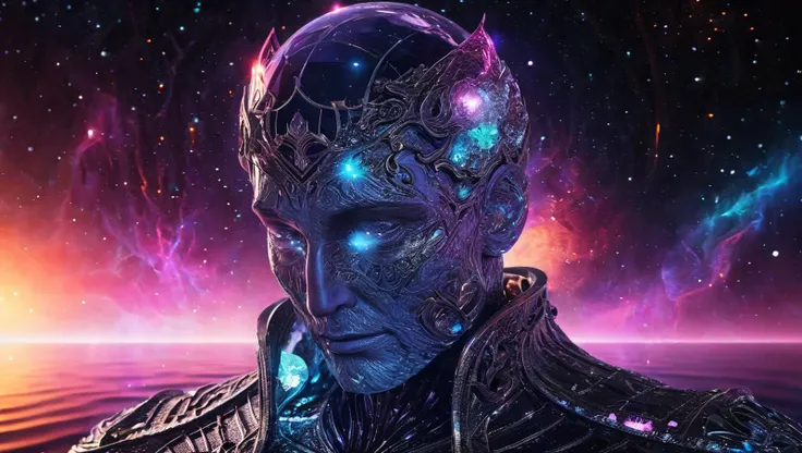 Space-themed Gothic style 4k,highly detailed intricate masterpiece,(a Transparent crystal statue:1.3),(of a crying man:1.4),desperately trying to keep his head above water in an ocean,(colorful shining lights shining through from above the clear material:1.3),everything before a dark black background.,<lora:add-detail-xl:6>,. Dark,mysterious,haunting,dramatic,ornate,detailed . Cosmic, celestial, stars, galaxies, nebulas, planets, science fiction, highly detailed