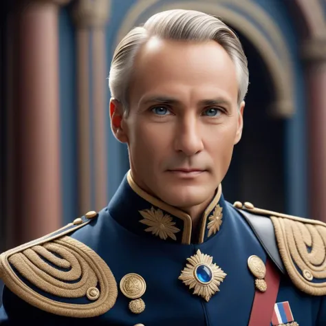 cinematic photo A portrait of the Emperor of the Beitonian Empire: A 55-year-old man with an oval face featuring prominent cheekbones, a high and broad forehead, thick white eyebrows, and piercing bright blue eyes that exude confidence, kindness, and wisdom. His nose is straight with a slight bump, and his full, well-defined lips often display a gentle, kind smile. He has a strong, determined chin with a small dimple. His hair is white, thick, slightly wavy, and neatly styled to just below his ears. His skin is healthy and slightly tanned. There are fine lines around his eyes and mouth, indicating his years of experience and wisdom. He sports a neatly trimmed white beard, adding to his appearance of a wise and just ruler. He is tall (186 cm) with a well-developed, sinewy, and athletic build. His shoulders are broad, his chest muscular yet not overly so, his arms long, strong, and sinewy with pronounced veins and firm hands. His waist is moderately narrow, with a taut, muscular abdomen, and his legs are long, strong, and muscular with well-defined calf muscles. He exudes charisma and confidence, embodying a healthy, strong, and wise ruler capable of leading his empire to prosperity and justice. Photorealistic, ultra-detailed, high-octane sci-fi style.
(Emperor of the Beiton Empire, mixed style: a combination of military and civilian clothing, elements of the Tsarist Russian military uniform with futuristic details, dark blue uniform with gold buttons, epaulettes on the shoulders, soft collar with gold accents, comfortable trousers with stripes, black leather boots, high-tech belt with functional gadgets, leather gloves with control interfaces, stylish and practical, science fiction, ultra detailed, realistic, high octane style, 4k, sharp focus, intricate details) . 35mm photograph, film, bokeh, professional, 4k, highly detailed