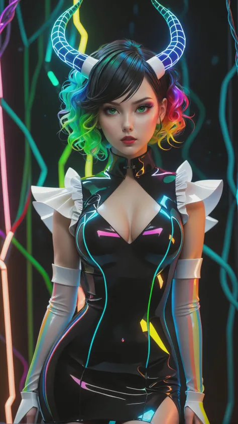 frilly hairstyle, latex dress, torso, body, 8k, ultra-detailed, highres, rainbow skin, shattered glass effect, (best quality, masterpiece:1.2), (deformed neon light:1.3), soft particles of fractal fire, volumetric lighting, (masterpiece, best quality), 1girl, intricate details, 8k, artstation, wallpaper, official art, splash art, sharp focus, dark atmosphere, black coat, black dress, white sleeves, sleeves past finger, sleeves past wrists, horns, (cottagetore), (geometric:1.2), futurism, impressionist, detailed, majestic, breathtaking, (suggestive:1.3), (depressing:1.3), (cute:1.2), enticing, (irresistible:1.3), disturbing, fascinating, (magnetic:1.2), (green), latex clothing, suggestive position, latex costume, Depth of field, vivid color, rainbow bloody veins growing and intertwining out of the darkness, (nailed wire), oozing thick blue blood, sharp neon, veins growing and pumping blood, vascular networks growing, under water, fantasy world, fantasy background
