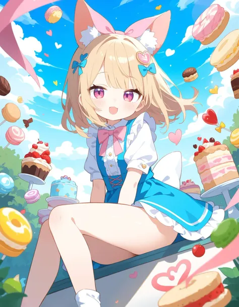 best quality, sweets, wonderland, wind, dynamic angle, looking at viewer, kawaii, promotional art, sitting, thighs