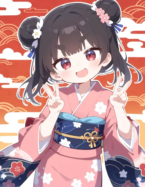 1girl, kimono, (bun:1.1), thick eyebrows, look at viewer, Japanese pattern background, dynamic angle, double v