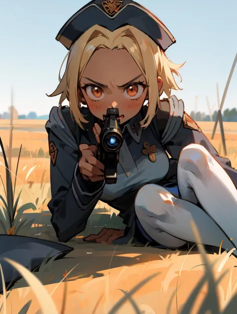 KitsurubamiV1, 1girl, military uniform, garrison cap, aiming, field, prone, white pantyhose <lora:KitsurubamiV1-07:0.85>