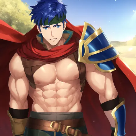 ike \(fire emblem\), muscular male, large pectorals, headband, blue armor, pauldrons, cape,