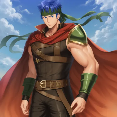 ike \(fire emblem\), muscular male, large pectorals, headband, blue armor, pauldrons, cape,