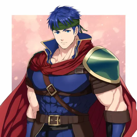 ike \(fire emblem\), muscular male, large pectorals, headband, blue armor, pauldrons, cape,