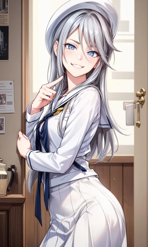 (Highres), (Detailed Illustration), Ultra-Detailed, Ambient Light, Backlighting, Realistic Shadows, Glowing Particles, Light Particles, Digital Art, Soft Light, Soft Lighting, White Light, White Lighting, Reflections, Detailed Face, (Detailed Hair:1.2), Dim Lighting, Indirect Lighting, Reflections, Detailed Face, (Detailed Hair:1.2), (Desaturated:1.4), (Hyper-Detailed Eyes:1.2), (Detailed Hair:1.2), (Hyper-Detailed Eyes:1.4), (Detailed Eyes:1.6),
(indoors:1.2), looking at viewer,
(1girls:1.4), blush, upper body, dixie cup hat, (white dress shirt:1.3), eyebrows visible through hair, eyes visible through hair, foreshortening, (tricky glance:1.4),( frown:1.3), half-closed eyes, (small breasts:1.3), hat, hat feather, light blush, light articles, long hair, (long skirt:1.4), (long sleeves:1.4), military hat, pleated skirt, pointing, sailor, sailor collar, shirt, silver hair, skirt, (smile, smirk:1.4), solo, (tilted headwear, white blouse:1.4), white headwear, (white skirt:1.3), (big buttocks:1.6),
(<lora:more_details:0.5>), (simply background:1.6), <lora:LoRA_Flint_(girls_und_panzer):0.9>,