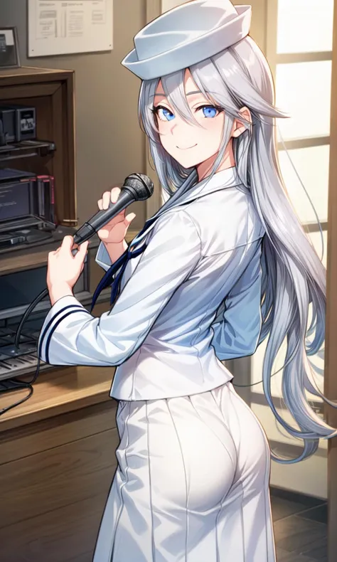 (Highres), (Detailed Illustration), Ultra-Detailed, Ambient Light, Backlighting, Realistic Shadows, Glowing Particles, Light Particles, Digital Art, Soft Light, Soft Lighting, White Light, White Lighting, Reflections, Detailed Face, (Detailed Hair:1.2), Dim Lighting, Indirect Lighting, Reflections, Detailed Face, (Detailed Hair:1.2), (Desaturated:1.4), (Hyper-Detailed Eyes:1.2), (Detailed Hair:1.2), (Hyper-Detailed Eyes:1.4), (Detailed Eyes:1.6),
(indoors:1.2), looking at viewer,
(1girls:1.4), blush, (view from the back:1.4), dixie cup hat, dress shirt, eyebrows visible through hair, eyes visible through hair, foreshortening, frown, gesture, half-closed eyes, hat, hat feather, holding, holding microphone, light blush, light articles, long hair, (long skirt:1.4), (long sleeves:1.4), microphone, military hat, pleated skirt, pointing, print legwear, sailor, sailor collar, school uniform, shirt, side slit, silver hair, skirt, smile, smirk, solo, tilted headwear, white blouse, white headwear, white skirt,
(<lora:more_details:0.5>), (simply background:1.6), <lora:LoRA_Flint_(girls_und_panzer):1.0>,