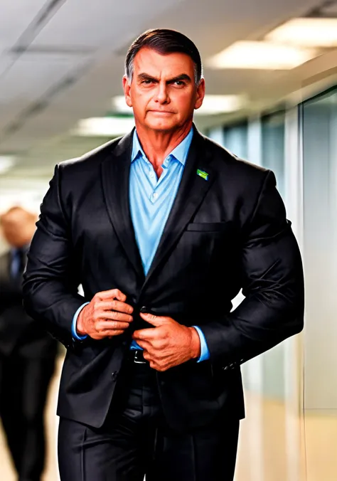 1man,masterpiece,best quality,office,looking at viewer,thick thigh,young bodybuilder hot strong male bolsonaro,aged down,wearing black suit with visible muscles,depth of field, <lora:add_detailLora:1>