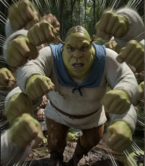score_9, score_8_up, score_7_up, ultra realistic, Shrek, fat, medieval, swamp background, fantasy, <lora:Shrek_XLPD:1>, looking at viewer, serafuku,fighting_stance, rushpunch, punching, multiple hands, clenched fists, (motion_blur:1.2), (motion line:1.1), speed_lines, <lora:rushpunchXLpony002:1>, solo