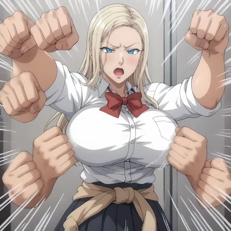 <lora:ReinaKurashikiXLpony004:0.8>,
solo,
ReinaKurashiki,1girl,blonde hair,long hair,blue eyes,
large breasts,
half closed eyes,
white shirt,red bow,sleeves rolled up,
sweater around waist,
pleated_skirt,
BREAK
<lora:rushpunchXLpony002:0.8>,
rushpunch,punching,multiple hands,fists,clenched fists,(motion_blur:1.2),(motion line:1.1),speed_lines,