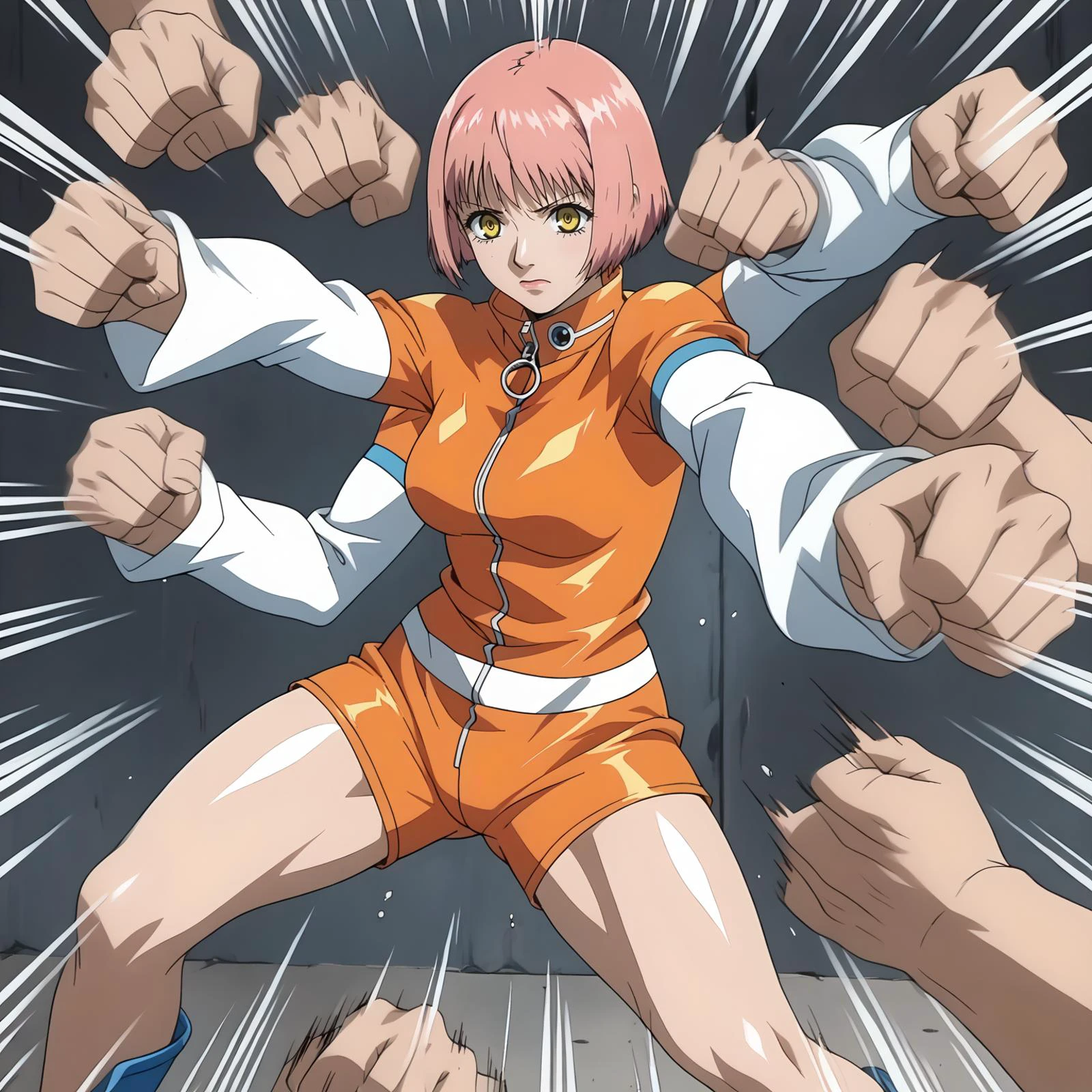 <lora:MikuraSuzukiXLpony002:0.7>,
solo,
MikuraSuzuki,1girl,pink hair,bob_cut,yellow eyes,
orange body suit,white sleeves,zipper,latex,
shorts,raw legs,
BREAK
<lora:rushpunchXLpony002:0.8>,
rushpunch,punching,multiple hands,fists,clenched fists,(motion_blur:1.2),(motion line:1.1),speed_lines,