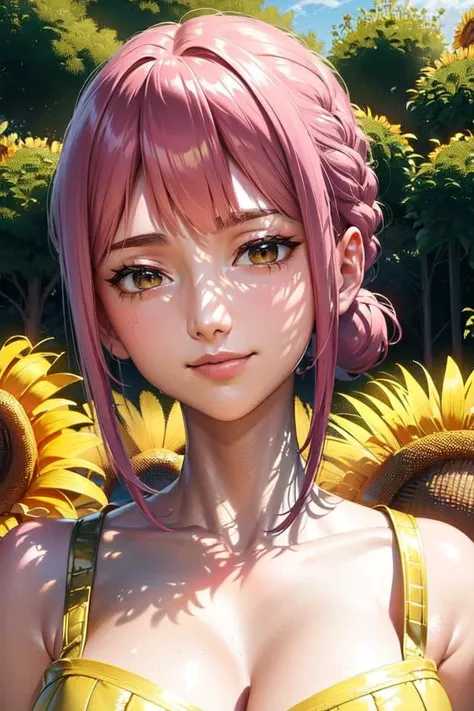 masterpiece, ((ultra detailed background, delicate pattern, intricate detail)), (highly detailed, fine details), best quality, beautiful lighting, (portrait), Rebecca, 1girl, solo, braid, pink hair, ((slim girl, medium breasts, portrait)), smile, yellow dress, fluffy dress, brown eyes, complex detailed background, sunflowers, field, outside, nature environment, blue sky, sky, tree, <lora:RebeccaEight:0.8>
