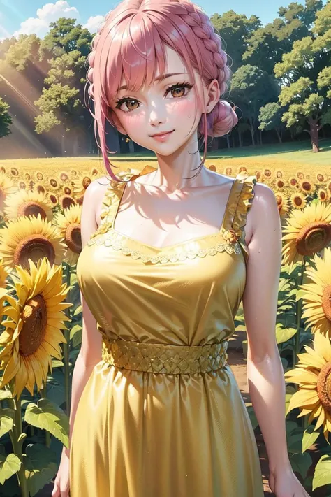 masterpiece, ((ultra detailed background, delicate pattern, intricate detail)), (highly detailed, fine details), best quality, beautiful lighting, (portrait), Rebecca, 1girl, solo, braid, pink hair, ((slim girl, medium breasts, cowboy shot)), smile, yellow dress, fluffy dress, brown eyes, complex detailed background, sunflowers, field, outside, nature environment, blue sky, sky, tree, <lora:RebeccaEight:0.8>