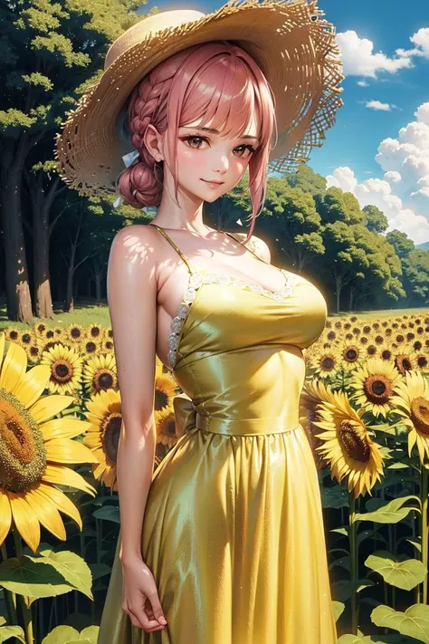 masterpiece, ((ultra detailed background, delicate pattern, intricate detail)), (highly detailed, fine details), best quality, beautiful lighting, (portrait),  Rebecca, 1girl, solo, braid, pink hair, long hair, ((slim girl, medium breasts, cowboy shot)), smile, yellow dress, fluffy dress, brown eyes, complex detailed background, sunflower, field, outside, nature environment, blue sky, sky, tree, <lora:RebeccaEight:0.8>