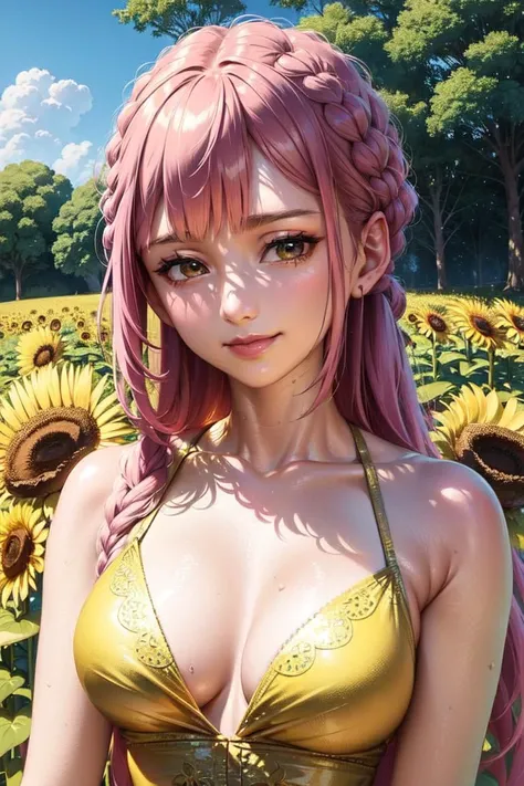 masterpiece, ((ultra detailed background, delicate pattern, intricate detail)), (highly detailed, fine details), best quality, beautiful lighting, (portrait), Rebecca, 1girl, solo, braid, pink hair, ((slim girl, medium breasts, portrait)), smile, yellow dress, fluffy dress, brown eyes, complex detailed background, sunflowers, field, outside, nature environment, blue sky, sky, tree, <lora:RebeccaEight:0.8>