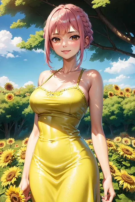 masterpiece, ((ultra detailed background, delicate pattern, intricate detail)), (highly detailed, fine details), best quality, beautiful lighting, (portrait), Rebecca, 1girl, solo, braid, pink hair, ((slim girl, medium breasts, cowboy shot)), smile, yellow dress, fluffy dress, brown eyes, complex detailed background, sunflowers, field, outside, nature environment, blue sky, sky, tree, <lora:RebeccaEight:0.8>