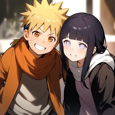 scarf,1girl,hyuuga_hinata,bad_pixiv_id,bad_id,uzumaki_naruto,aged_down,1boy,grin,very aesthetic,absurdres,