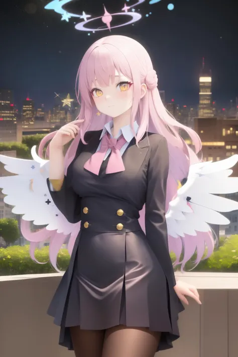 masterpiece,best quality,cityscape, school uniform,star halo, pink gradient hair, yellow eyes,white star wings,  <lyco:MisonoMika-000006:0.9>