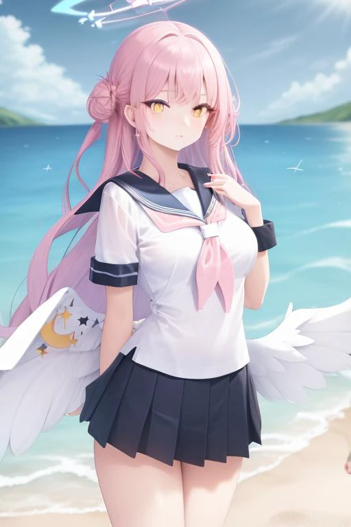 masterpiece,best quality,sailor shirt, in summer, on the beach,  star halo, pink gradient hair, yellow eyes,bright pupils,white wings,  <lyco:MisonoMika-000006:0.9>