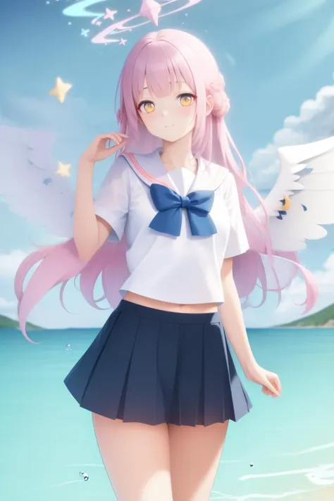 masterpiece,best quality,sailor shirt, in summer, over the sea, beautiful detailed water, star halo, pink gradient hair, yellow eyes,white star wings,  <lyco:MisonoMika-000006:0.9>