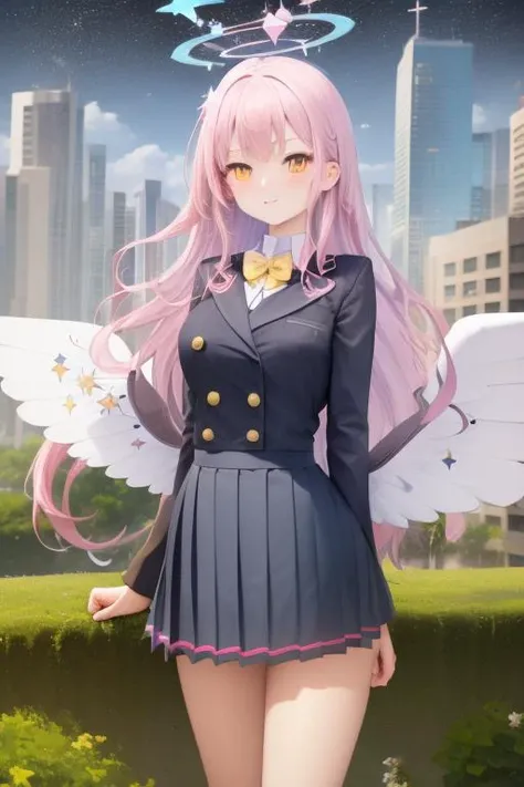 masterpiece,best quality,cityscape, school uniform,star halo, pink gradient hair, yellow eyes,white star wings,  <lyco:MisonoMika-000006:0.9>