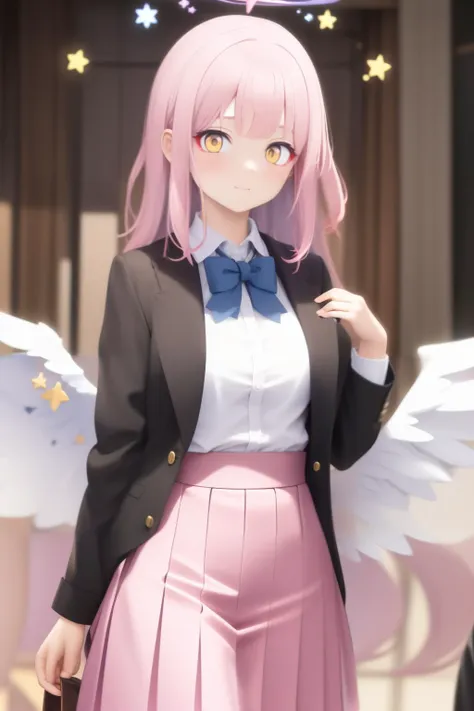 masterpiece,best quality,cityscape, school uniform,star halo, pink gradient hair, yellow eyes,white star wings,  <lyco:MisonoMika-000006:0.9>