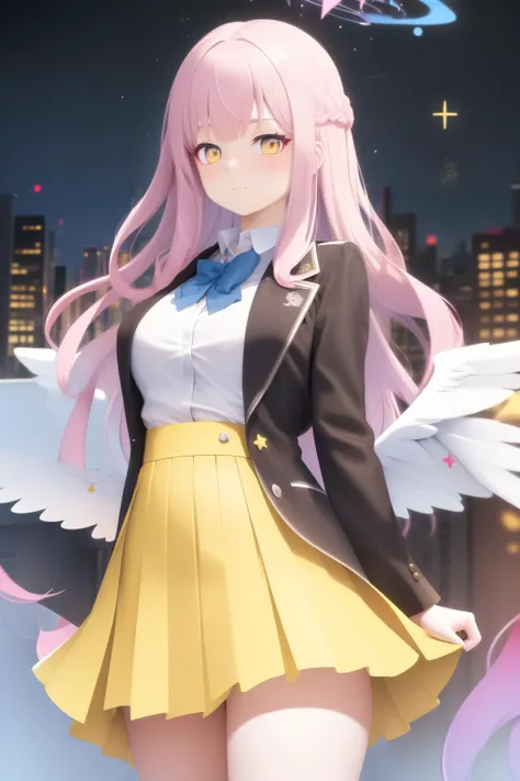 masterpiece,best quality,cityscape, school uniform,star halo, pink gradient hair, yellow eyes,white star wings,  <lyco:MisonoMika-000006:0.9>