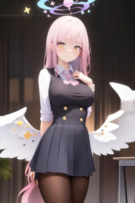 masterpiece,best quality,cityscape, school uniform,star halo, pink gradient hair, yellow eyes,white star wings,  <lyco:MisonoMika-000006:0.9>