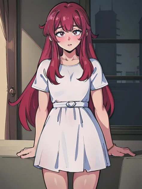 (8k, RAW photo, best quality, masterpiece:1.2),ultra-detailed, (high detailed skin:1.2), 8k uhd, dslr, soft lighting, high quality, <lora:Dross_Style_v1:0.8> dross_style, sexy, femboy, long red hair, standing, white dress
