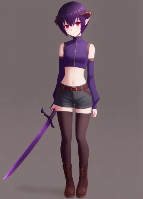 <lora:Armel:1.0>, Armel, 1girl, solo, bare shoulders, belt, black background, boots, crop top, cross-laced footwear, demon girl, small demon horns, detached sleeves, full body, looking at viewer, midriff, navel, pointy ears, dark purple hair, red eyes, short hair, dark grey short shorts, simple background, smile, solo, standing, sword, thighhighs, weapon,