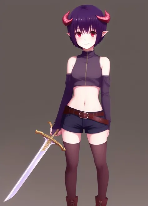 <lora:Armel:1.0>, Armel, 1girl, solo, bare shoulders, belt, black background, boots, crop top, cross-laced footwear, demon girl, small demon horns, detached sleeves, full body, looking at viewer, midriff, navel, pointy ears, dark purple hair, red eyes, short hair, dark grey short shorts, simple background, smile, solo, standing, sword, thighhighs, weapon,