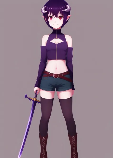 <lora:Armel:1.0>, Armel, 1girl, solo, bare shoulders, belt, black background, boots, crop top, cross-laced footwear, demon girl, small demon horns, detached sleeves, full body, looking at viewer, midriff, navel, pointy ears, dark purple hair, red eyes, short hair, dark grey short shorts, simple background, smile, solo, standing, sword, thighhighs, weapon,